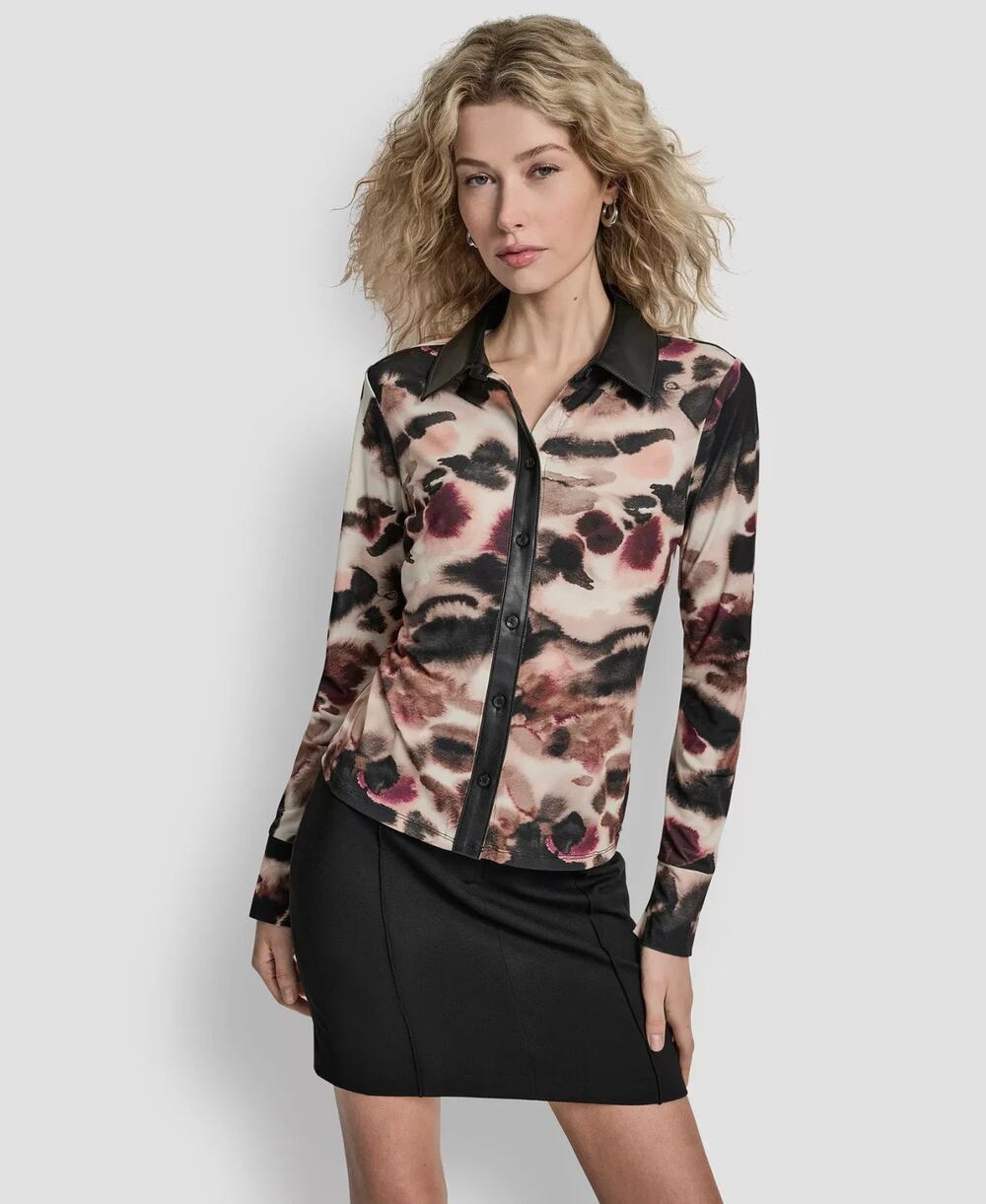 DKNY Women's Long Sleeve Button Front Top Multi Size L 3792